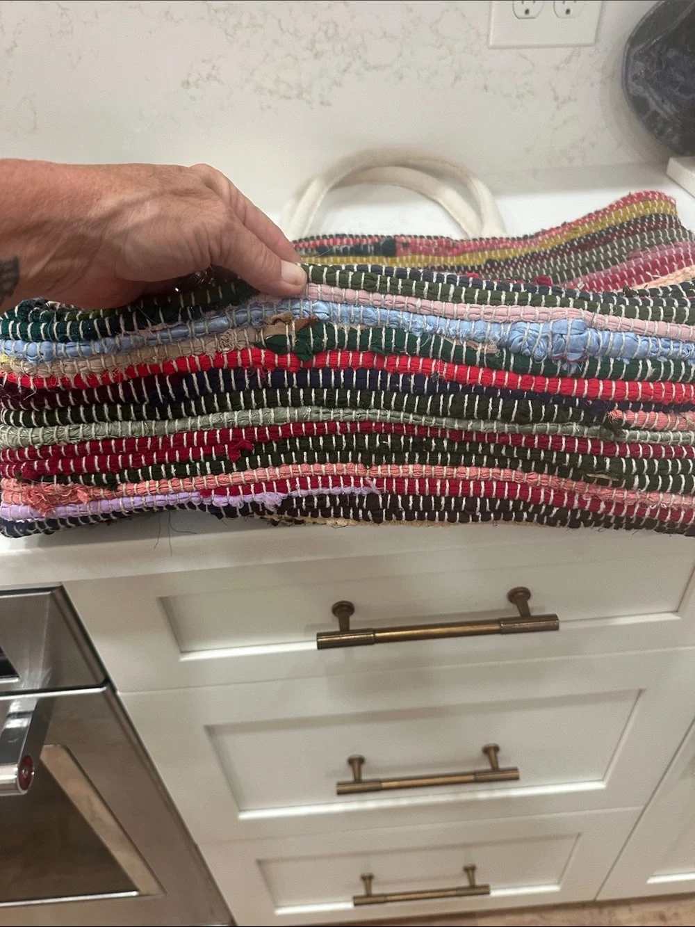 Striped Multicolor Woven Tote Bag with Cream Handles
